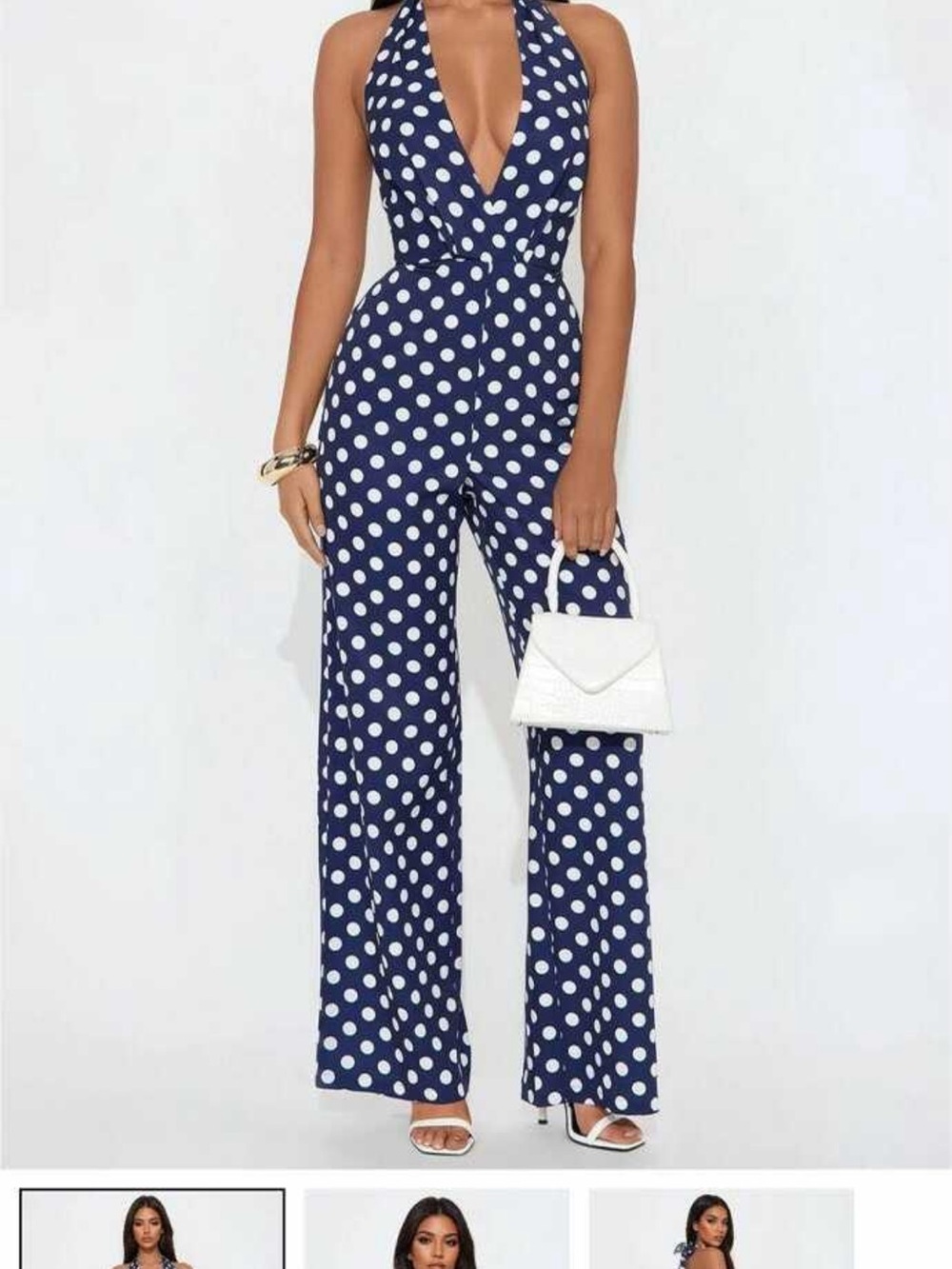 Fashion Nova Navy and White Polka Dot Halter Jumpsuit